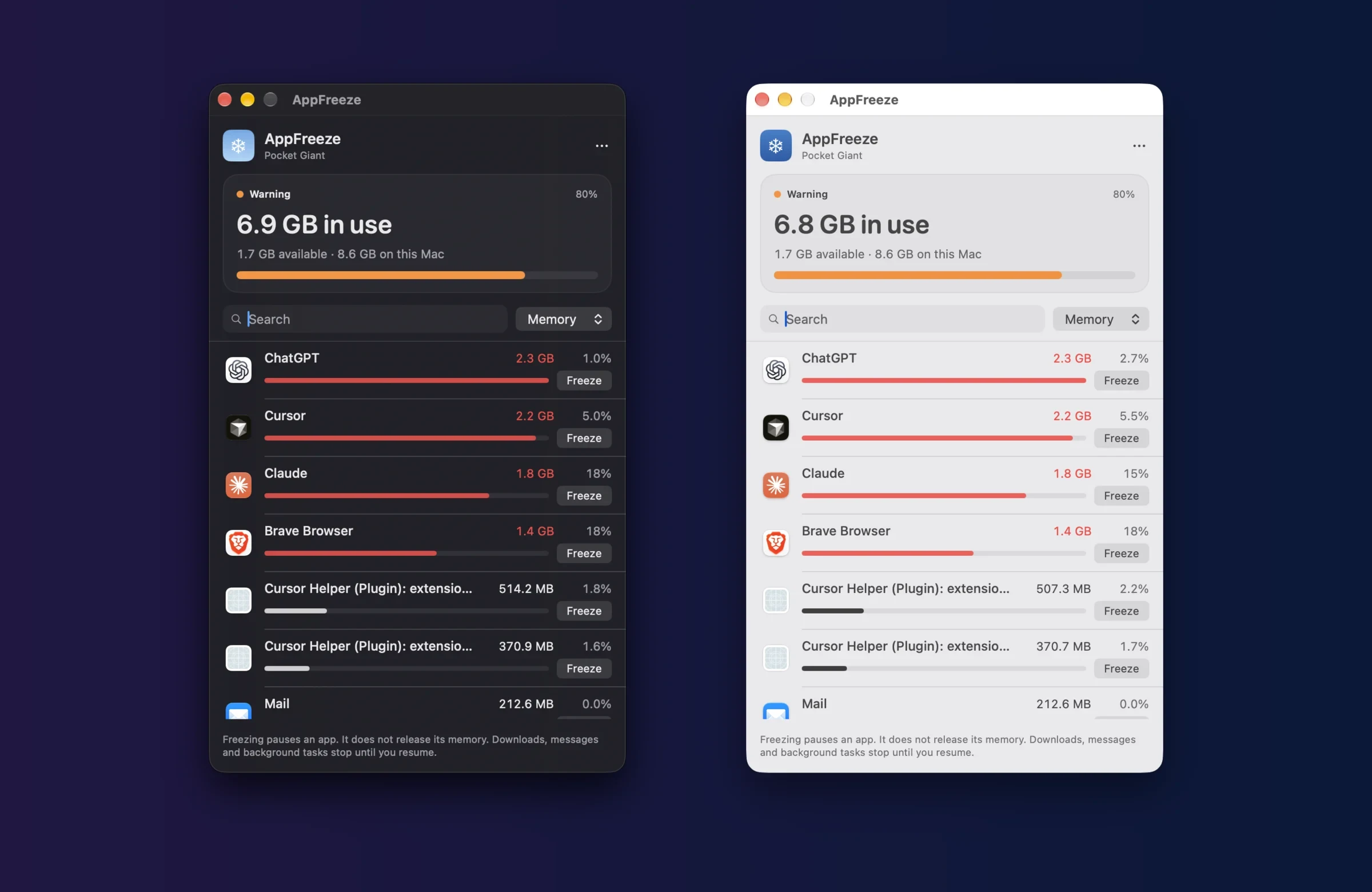 AppFreeze dashboard in Dark and Light appearance, showing memory in use, available RAM and a list of apps with their memory, CPU and Freeze buttons.
