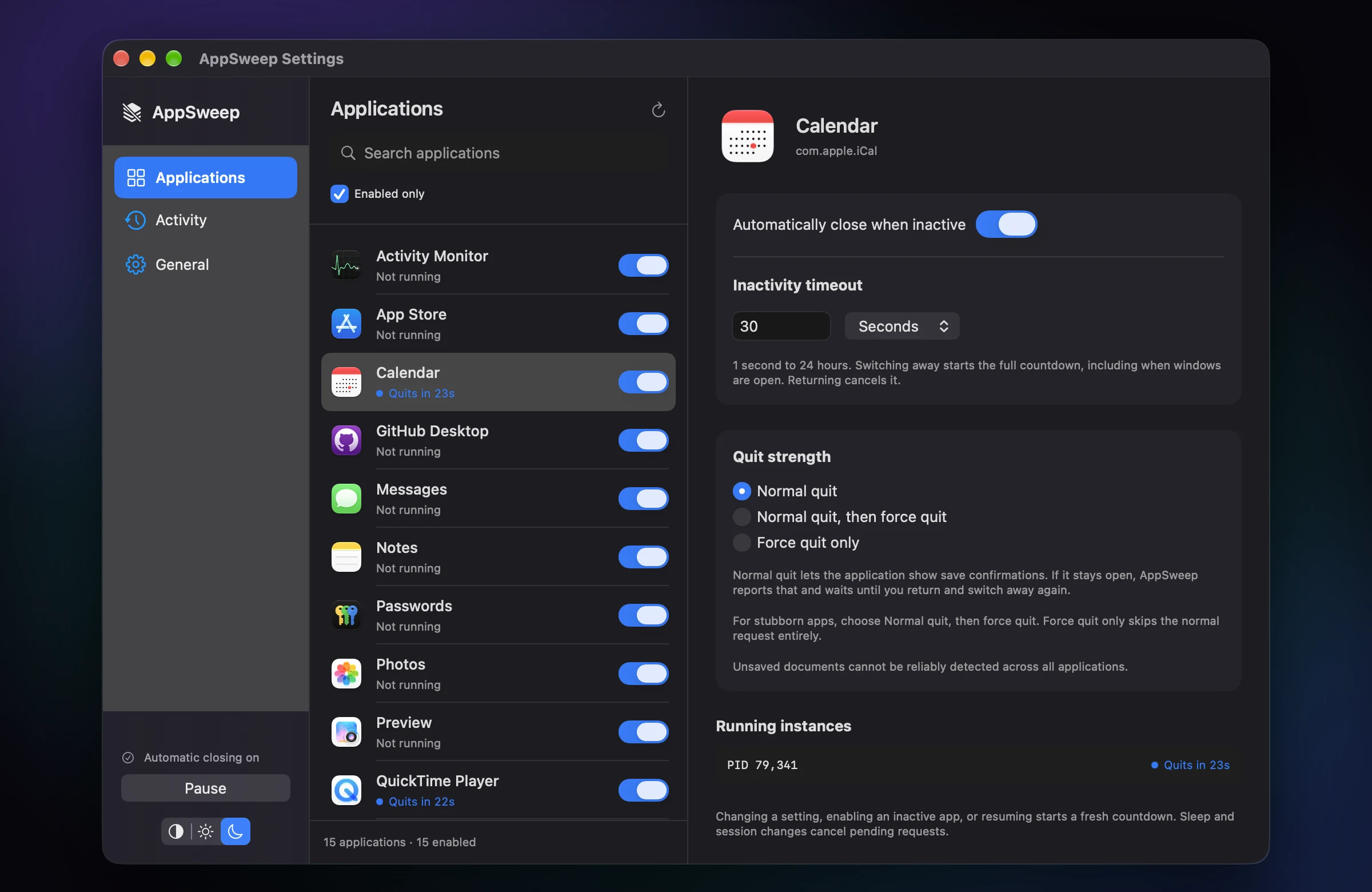 AppSweep settings in dark mode: a list of enabled apps with Calendar selected and set to quit after 30 seconds, counting down with 23 seconds left.