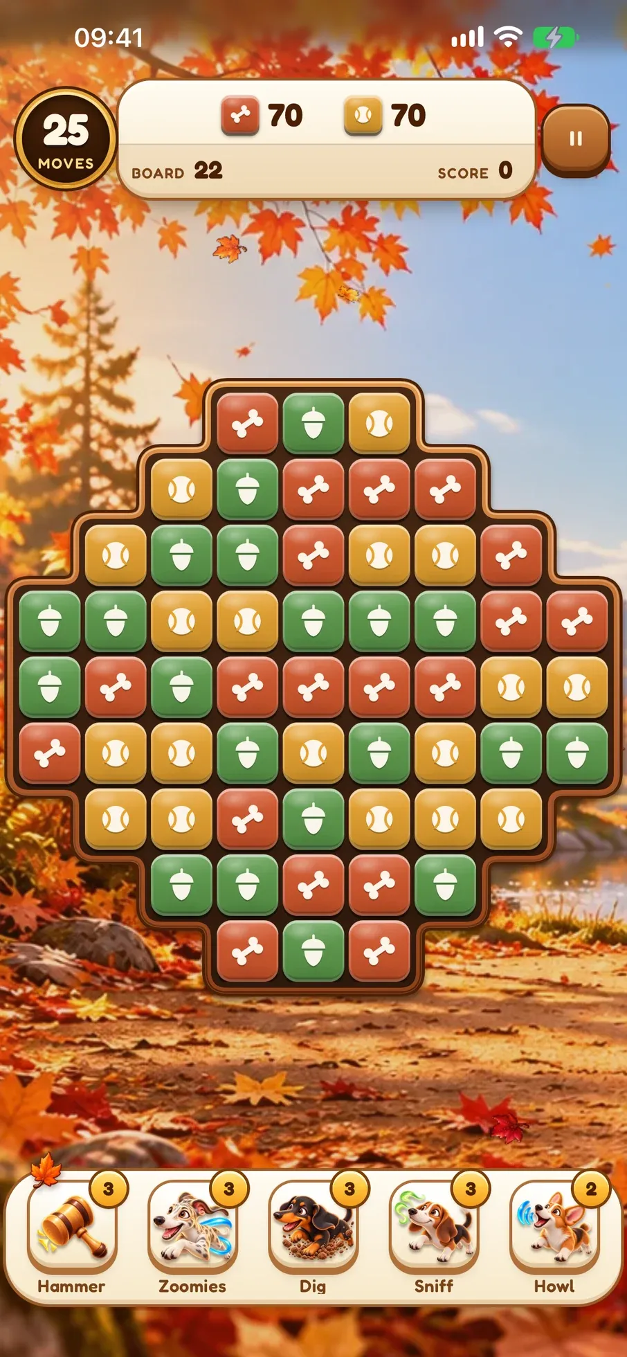 Barkburst Autumn Leaves board 22 in play: a diamond-shaped board of bone, ball and acorn tiles, with the Hammer, Zoomies, Dig, Sniff and Howl boosters below