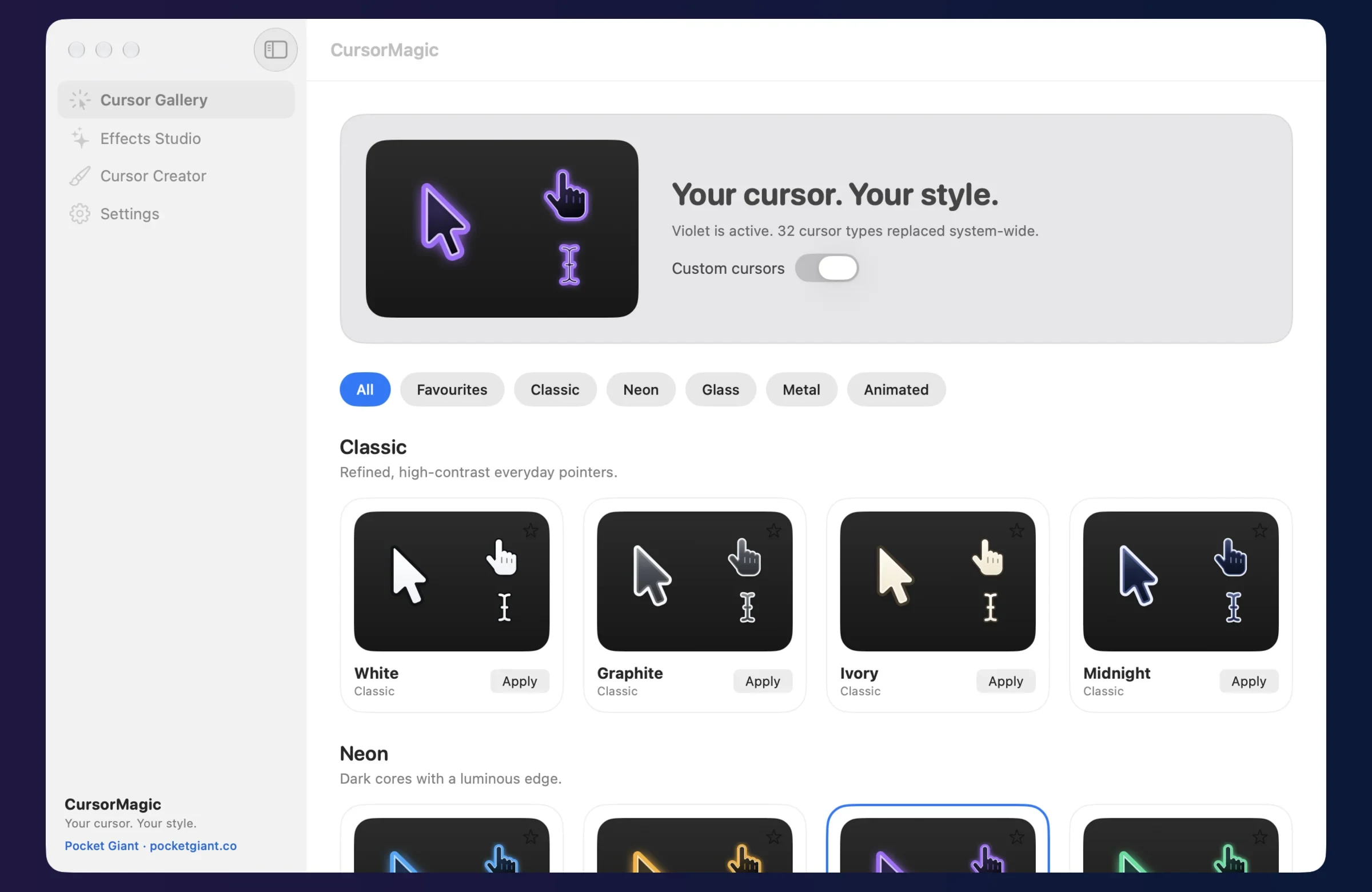 The CursorMagic Cursor Gallery, with the active Violet design at the top and Classic and Neon designs below.