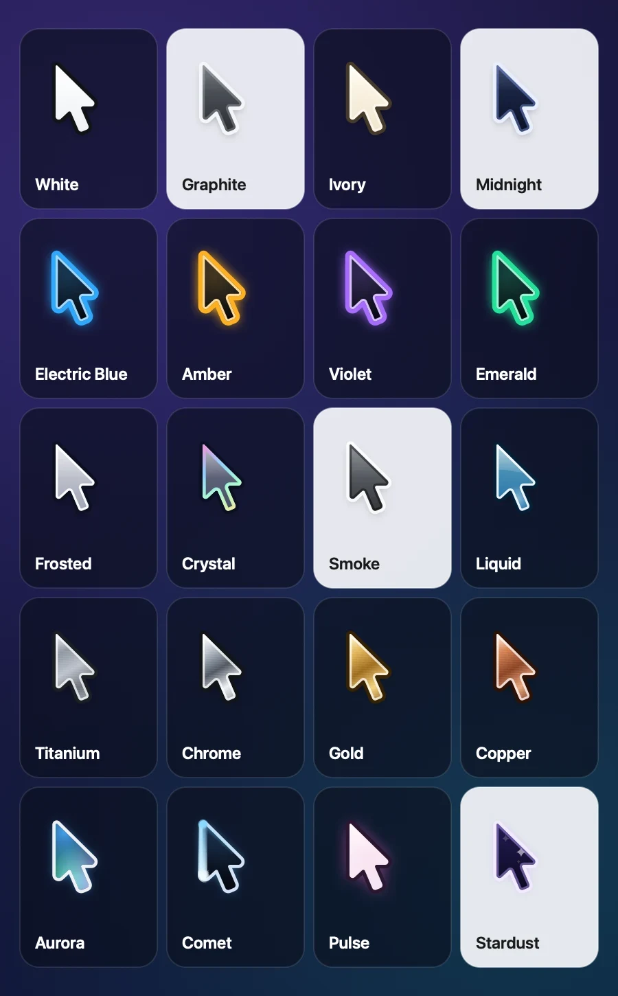 All 20 CursorMagic pointer designs in a grid, from Classic White to the animated Stardust.