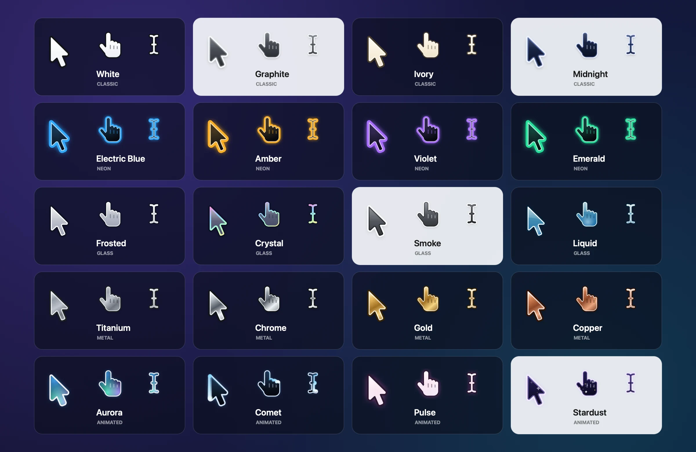 All 20 CursorMagic designs, each shown as a pointer, link hand and text cursor: Classic White, Graphite, Ivory and Midnight; Neon Electric Blue, Amber, Violet and Emerald; Glass Frosted, Crystal, Smoke and Liquid; Metal Titanium, Chrome, Gold and Copper; and the animated Aurora, Comet, Pulse and Stardust.