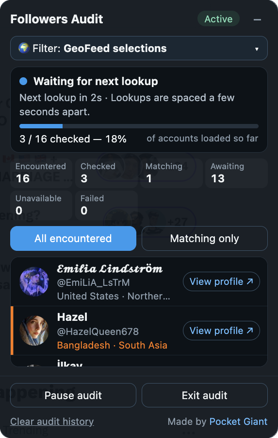 GeoFeed Followers Audit using the GeoFeed selections filter, showing lookup progress, encountered accounts, and pause and exit controls.