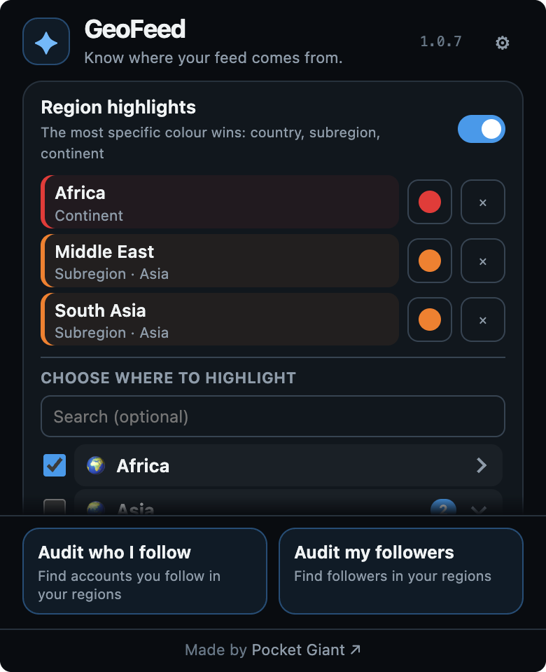 GeoFeed region highlights menu with country and region colours and buttons to audit Following and Followers.