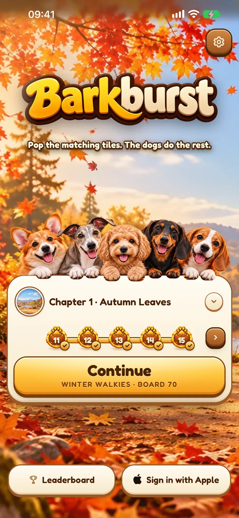 Barkburst home screen on iPhone with Chapter 1, Autumn Leaves, selected: the five dogs above boards 11 to 15 and a Continue button
