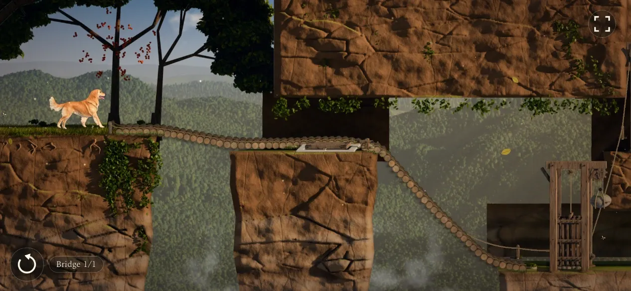 Houndbound gameplay: Barney the golden retriever stands at the start of a log bridge that runs over a rock pillar towards a gatehouse, with forested hills in daylight beyond