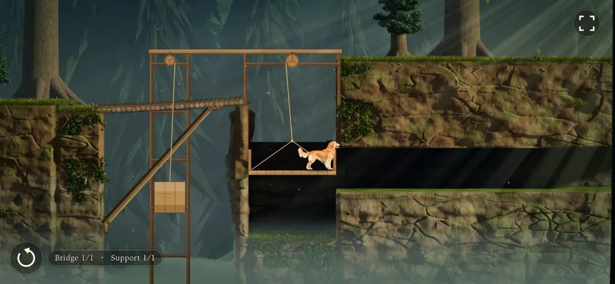 Houndbound gameplay: Barney crosses a braced log bridge towards a rope-and-pulley lift with a counterweight crate, in a misty pine forest
