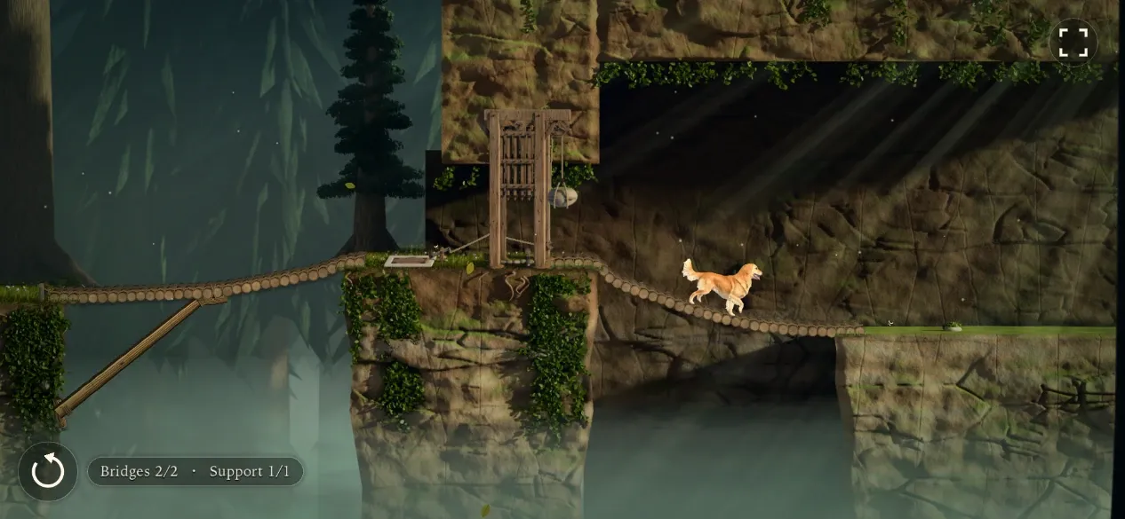 Houndbound gameplay: Barney runs along the second of two log bridges beside a wooden gatehouse and portcullis above a misty ravine