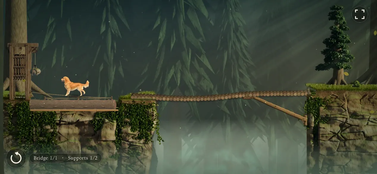 Houndbound gameplay: Barney walks along a heavy fallen log that rests on a drawn log bridge between two ivy-covered cliffs