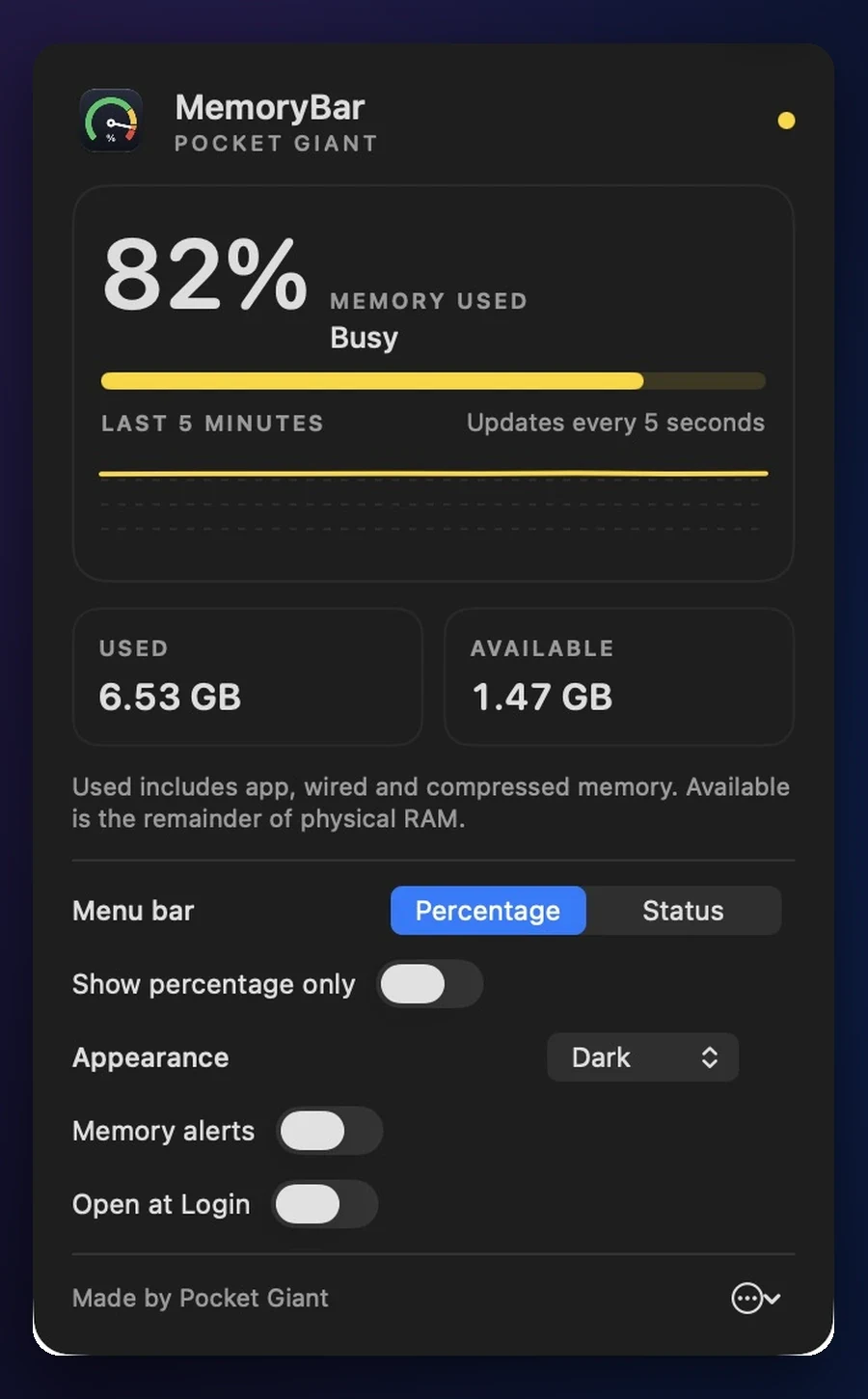 MemoryBar dashboard in Dark appearance, showing memory usage, a five-minute trend, used and available RAM, and menu bar settings.