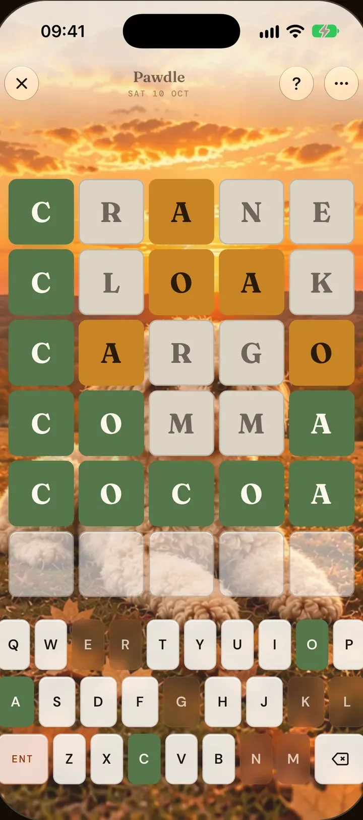 Pawdle: a five-letter word grid with an on-screen keyboard