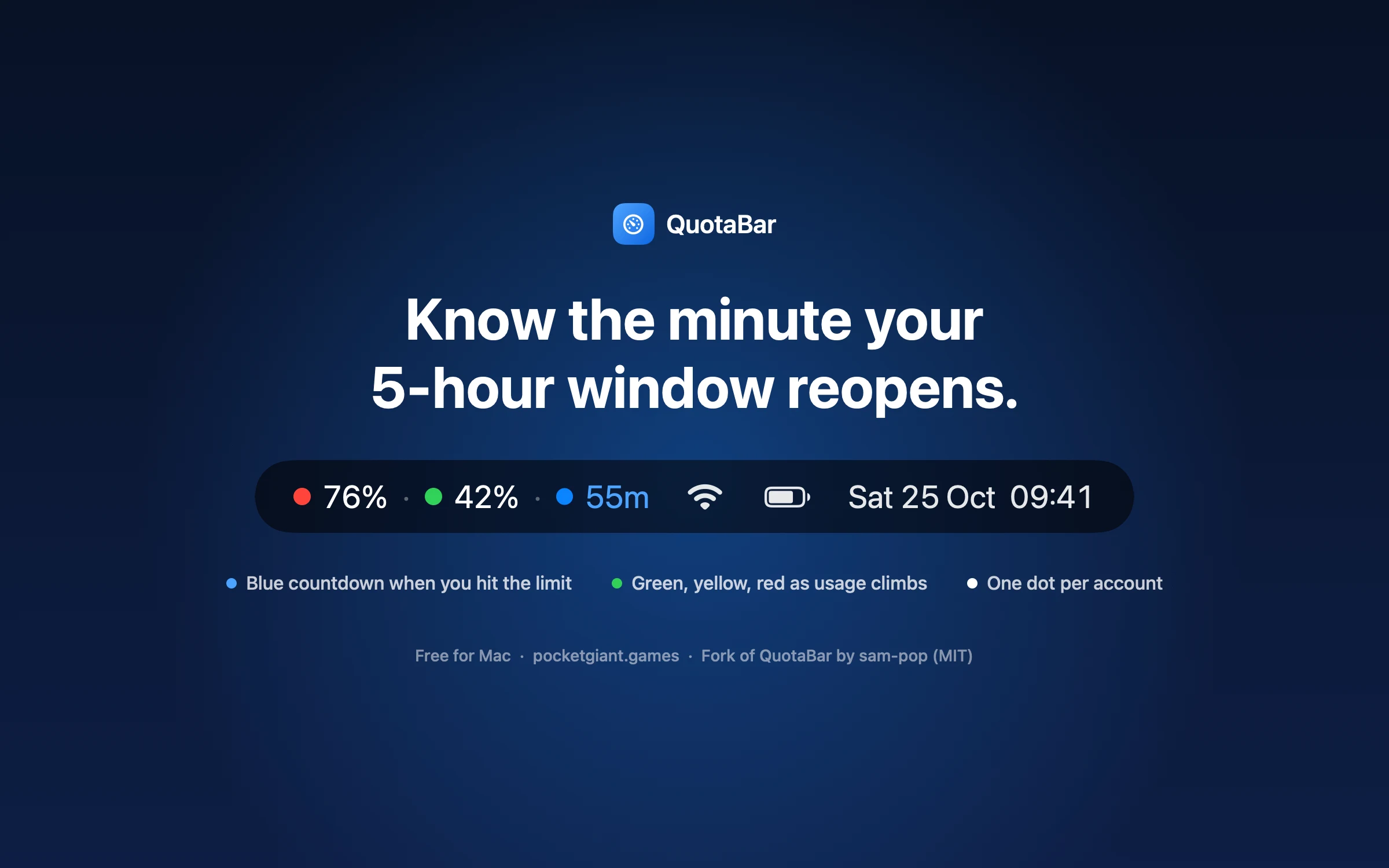 QuotaBar menu bar items showing coloured dots and a blue countdown for each account.