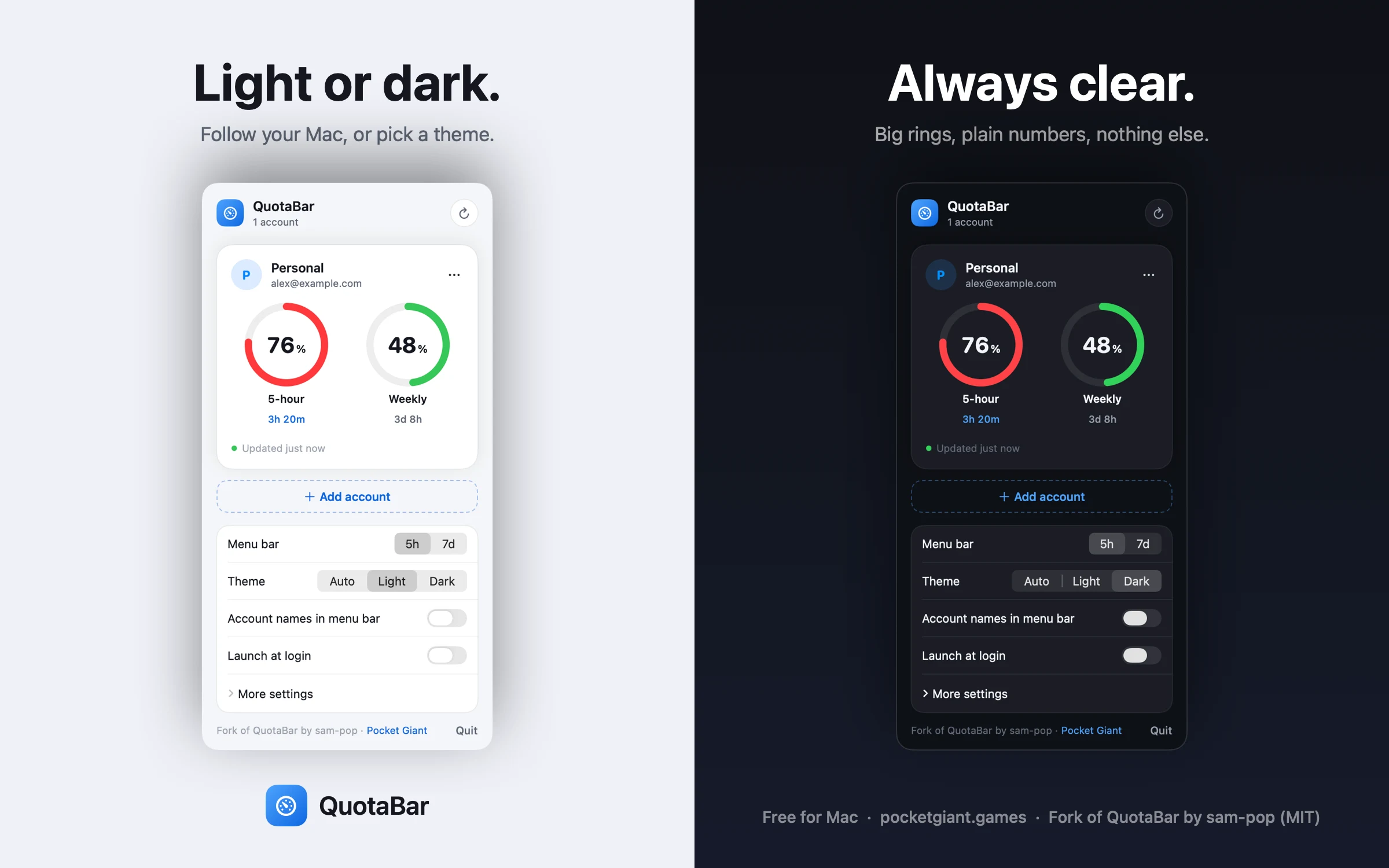 QuotaBar in light and dark themes, each showing a personal account with 5-hour and weekly usage rings.
