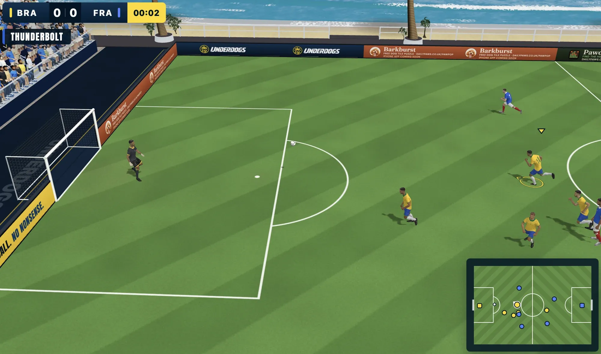 Underdogs gameplay: the goalkeeper in the box as Brazil attack, with the stand full of fans behind the goal
