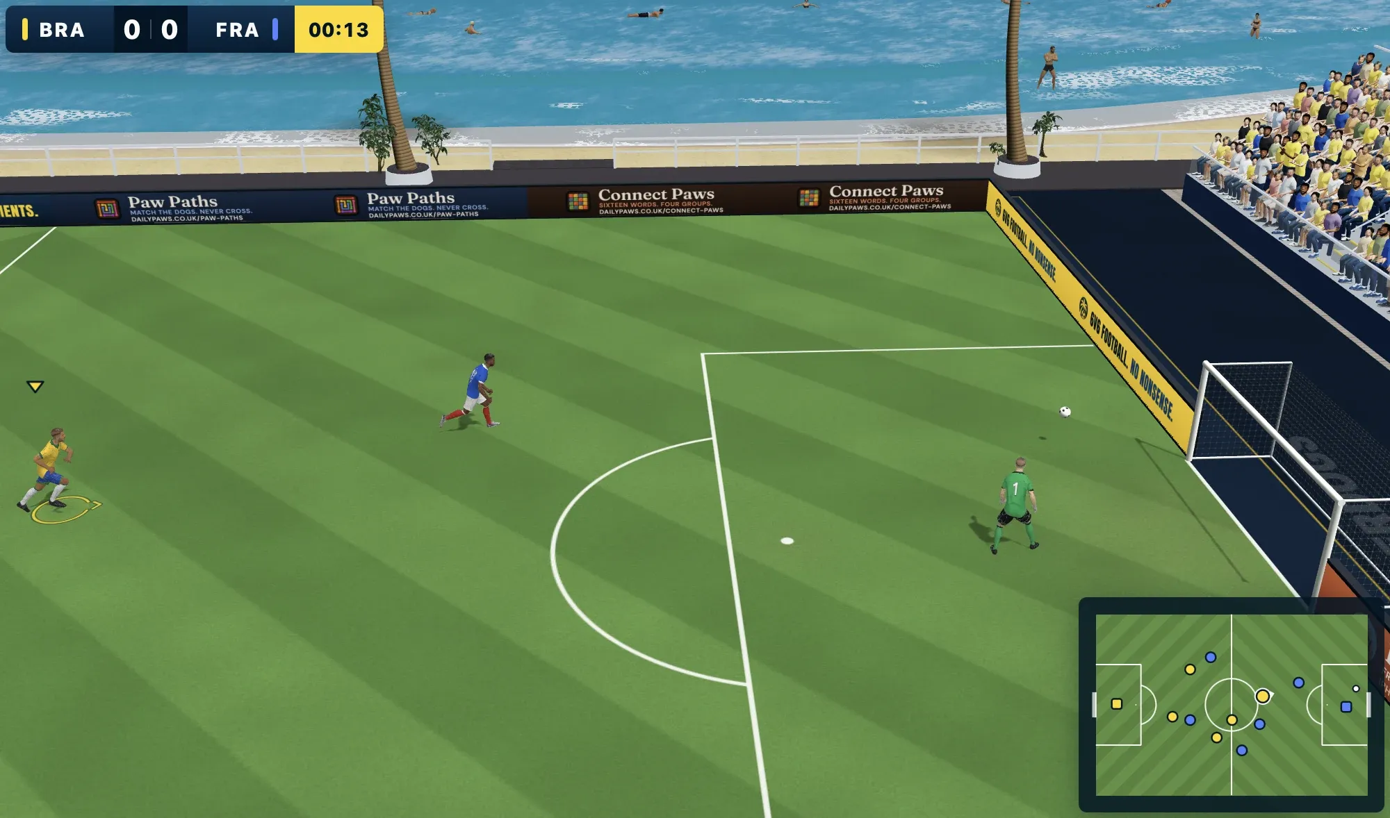 Underdogs gameplay: a lofted shot heads for goal with the keeper set, beside a crowded seaside stand