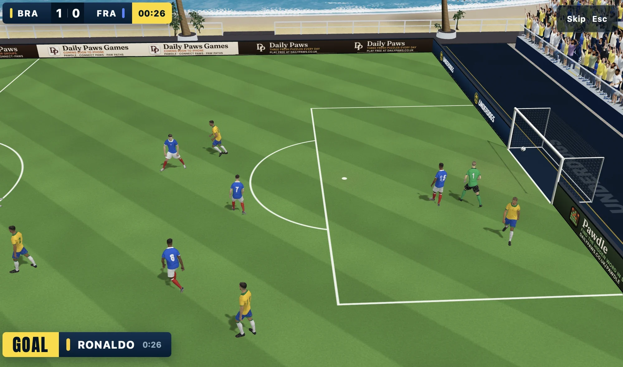Underdogs gameplay: the ball in the net and the crowd on its feet after a goal