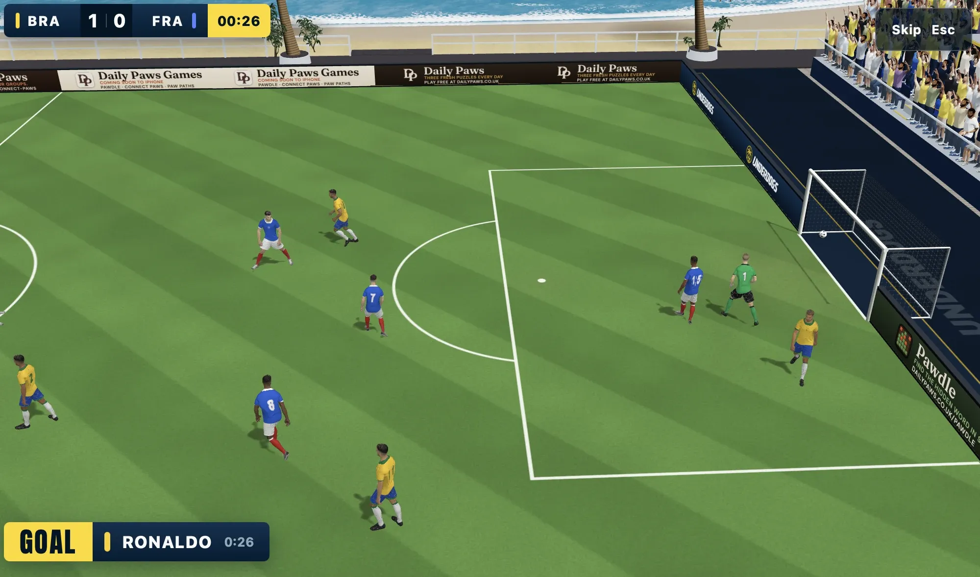 Underdogs gameplay: the ball in the net and the crowd on its feet after a goal