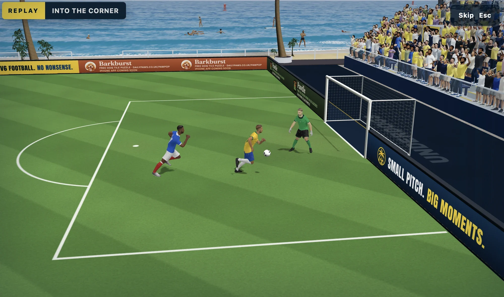 Underdogs replay: a striker takes the ball past the defender and faces the goalkeeper, with fans in the stand and the sea beyond