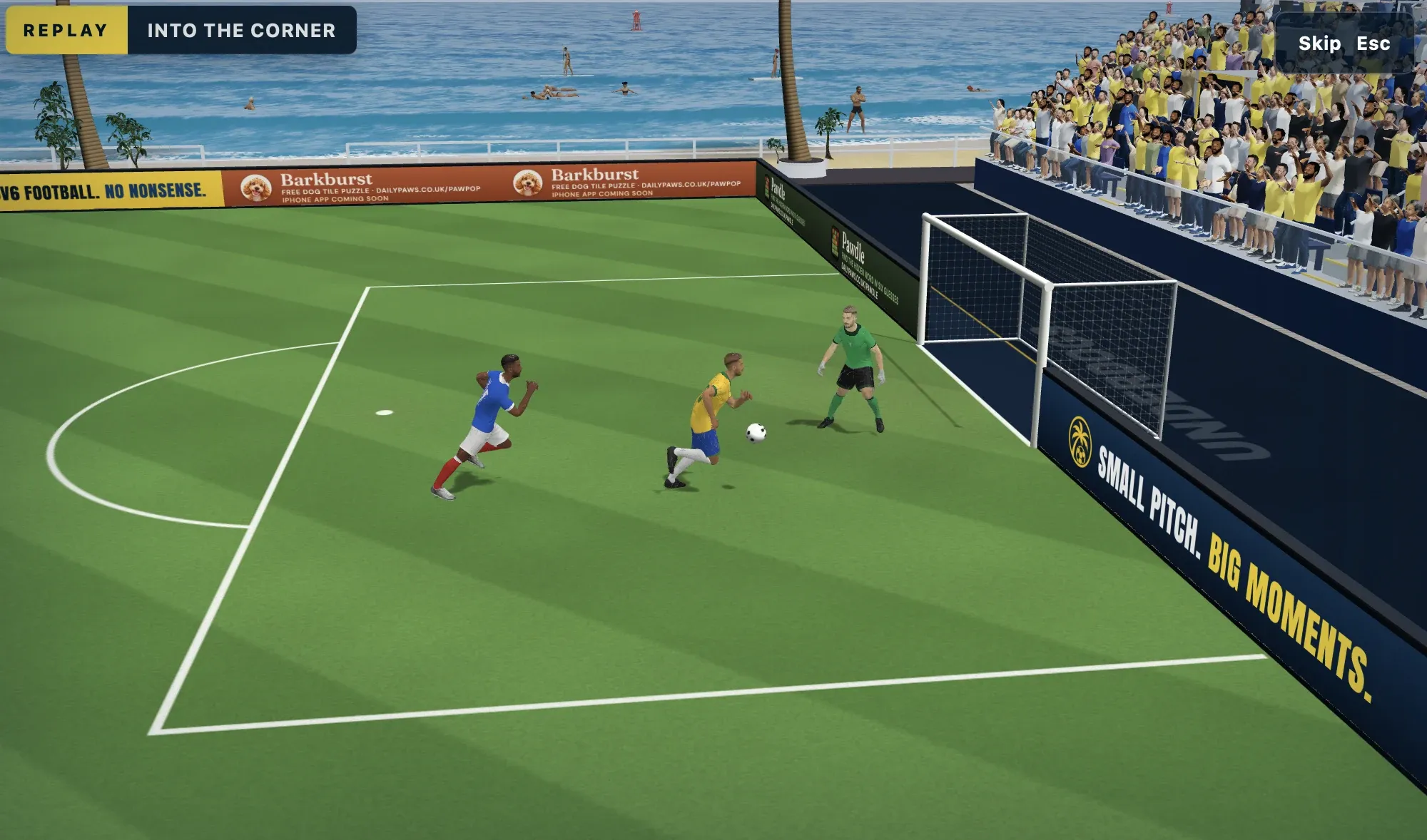 Underdogs replay: a striker takes the ball past the defender and faces the goalkeeper, with fans in the stand and the sea beyond