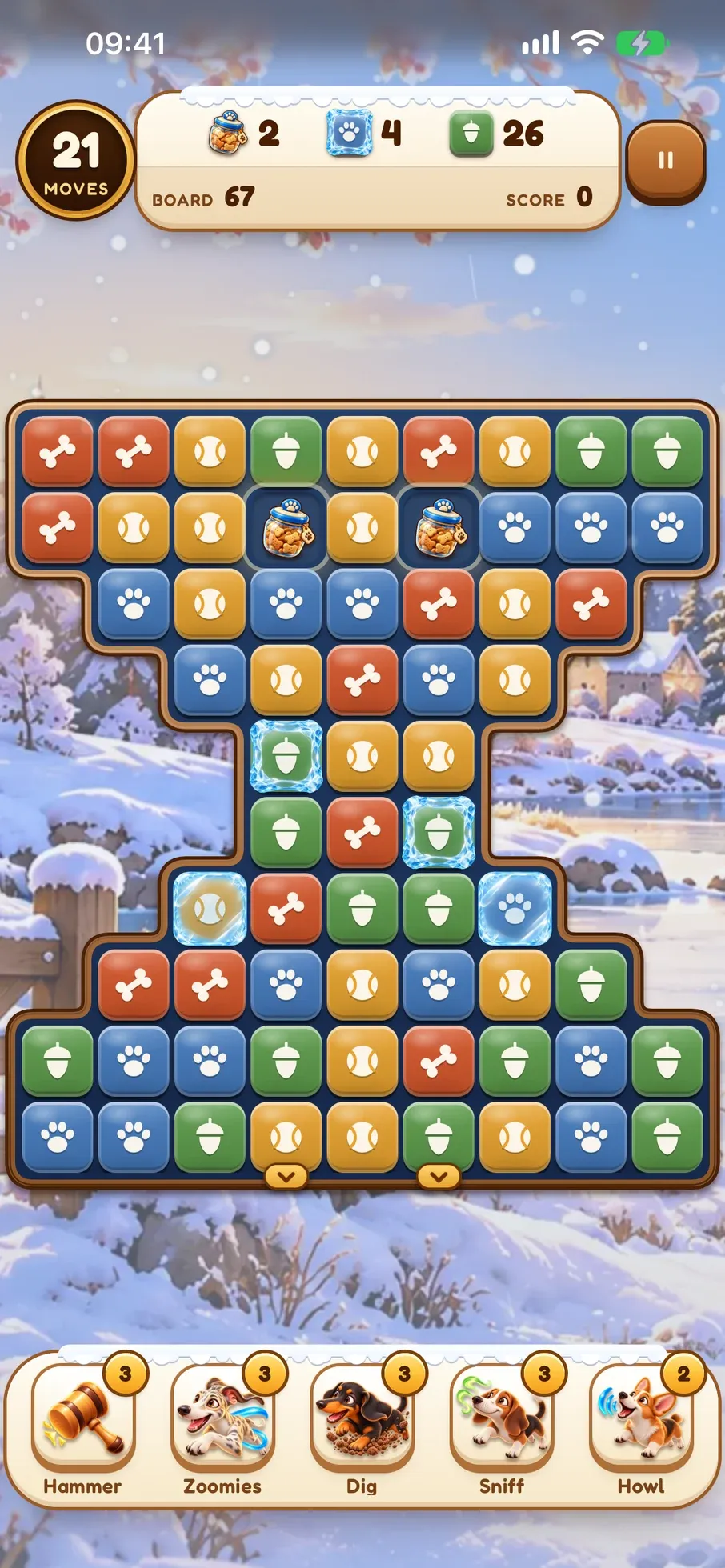Barkburst Winter Walkies board 67 in play: an hourglass-shaped board with treat jars and iced tiles, with the Hammer, Zoomies, Dig, Sniff and Howl boosters below