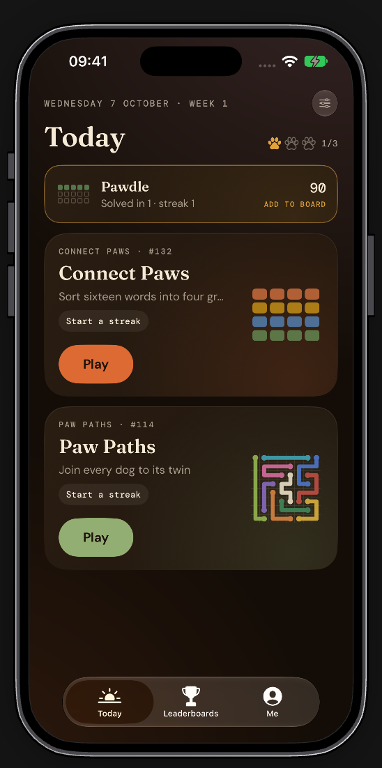 Daily Paws iPhone app preview showing Today with Pawdle, Connect Paws and Paw Paths, and Today, Leaderboards and Me tabs.