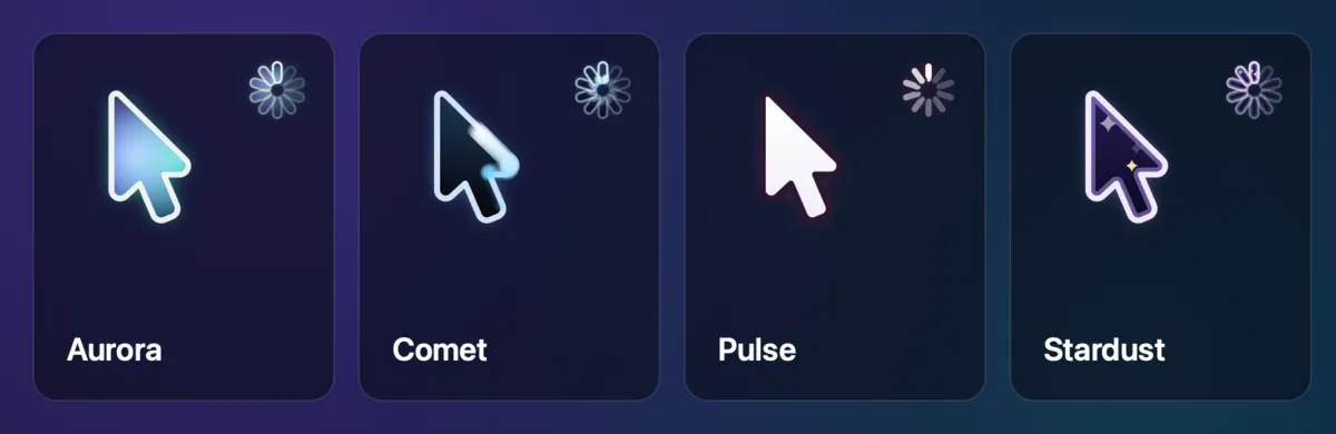 The four animated designs, Aurora, Comet, Pulse and Stardust, with their pointers and wait cursors in motion.